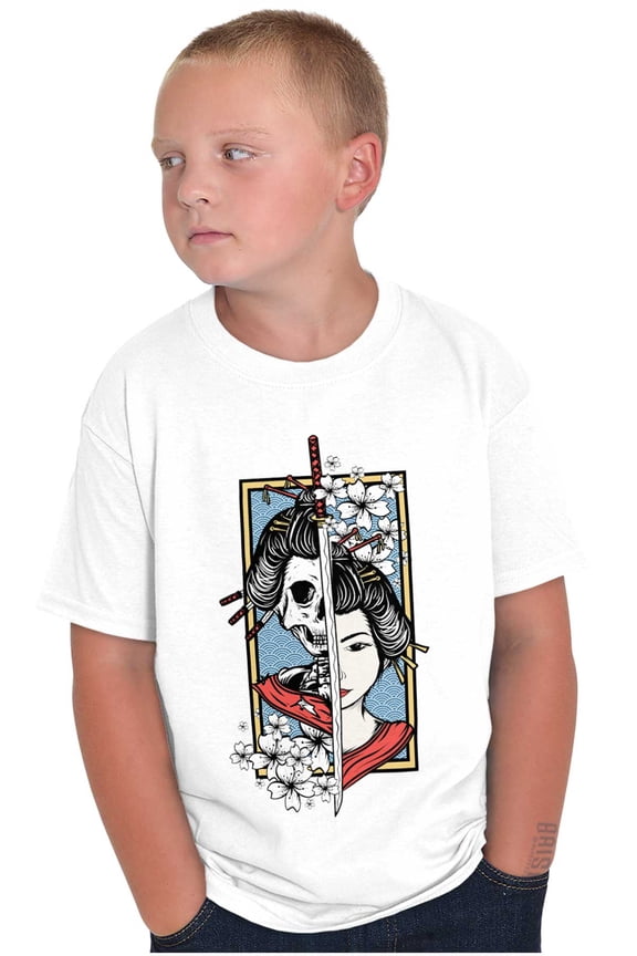 Traditional Geisha Skeleton Samurai Crewneck T Shirts Boy Girl Teen Brisco Brands L