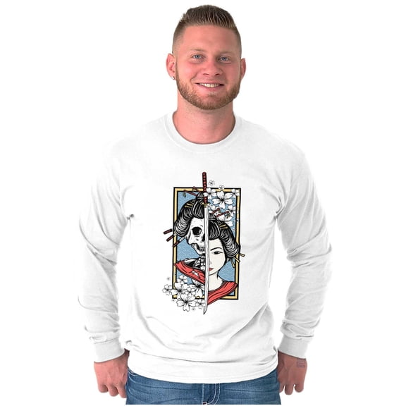 Traditional Geisha Skeleton Samurai Long Sleeve TShirt Men Women Brisco Brands S