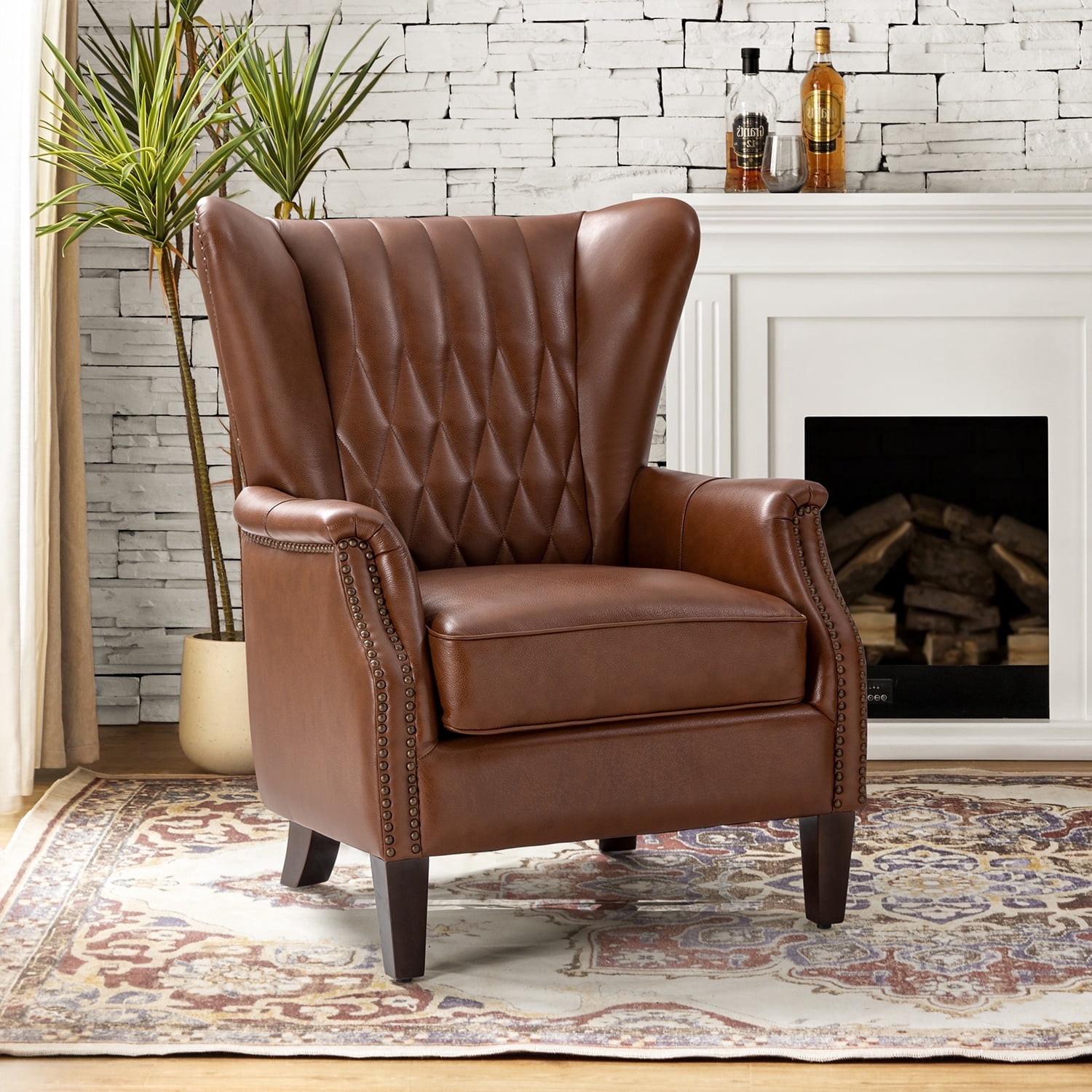 Traditional Genuine Leather Accent Chair with Nailhead Trim Tufted