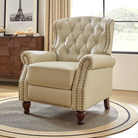Traditional Genuine Leather Push Back Wingback Recliner Chair Tufted with Nailhead Trims and Solid Wood Legs for Living Room Beige