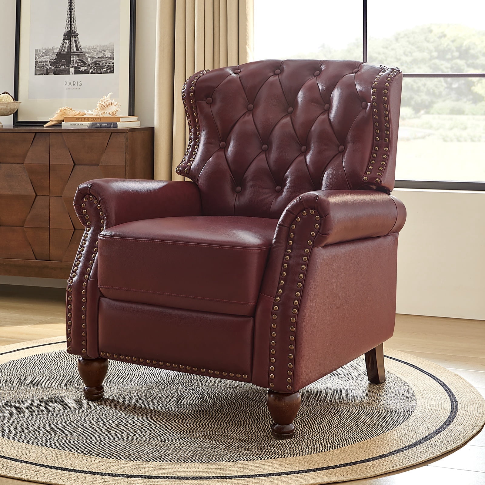 Traditional Genuine Leather Push Back Recliner Chair with Nailhead Trims and Solid Wood Legs for Living Room Burgundy