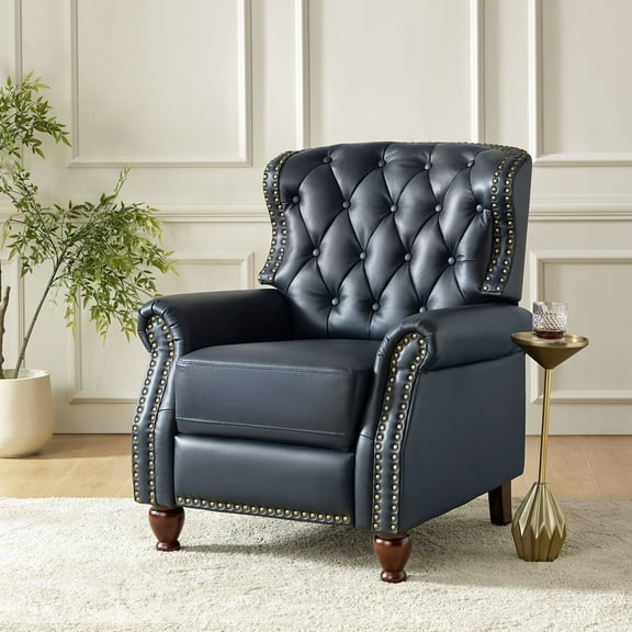 Traditional Genuine Leather Push Back Wingback Recliner Chair Tufted with Nailhead Trims and Solid Wood Legs for Living Room Navy