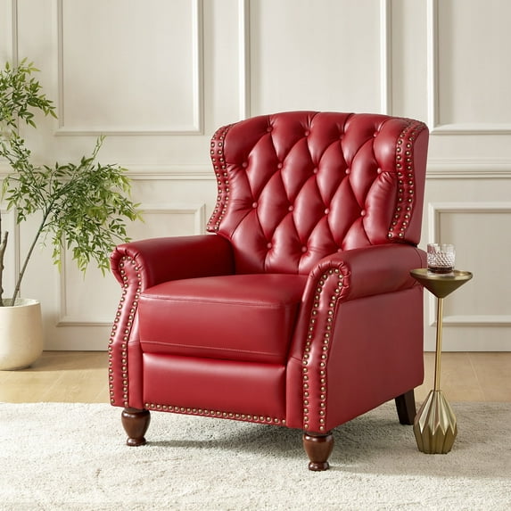 Traditional Genuine Leather Push Back Wingback Recliner Chair Tufted with Nailhead Trims and Solid Wood Legs for Living Room Red