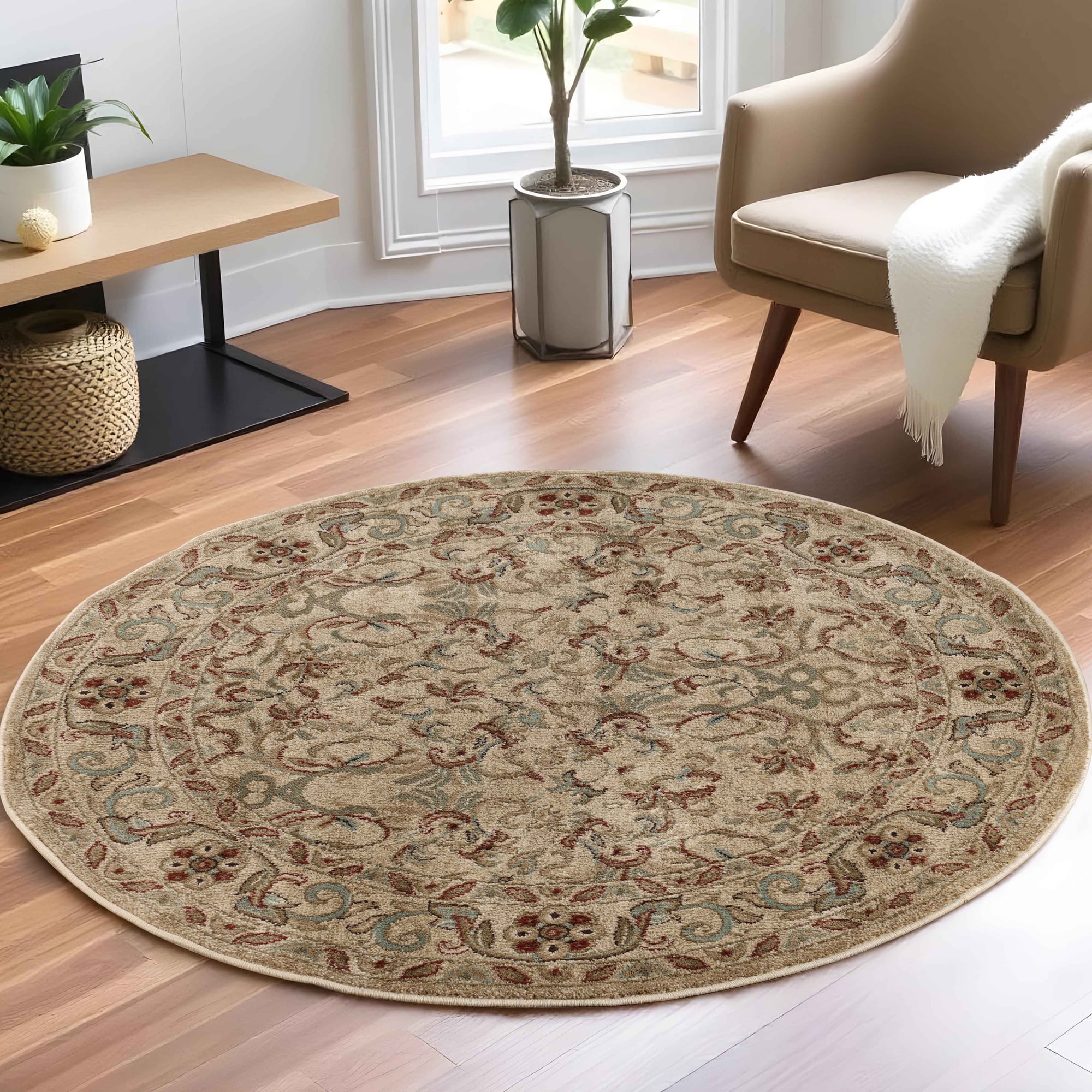 Traditional Geometric Floral Medallion Indoor Area Rug, 8' round, Ivory by BNM