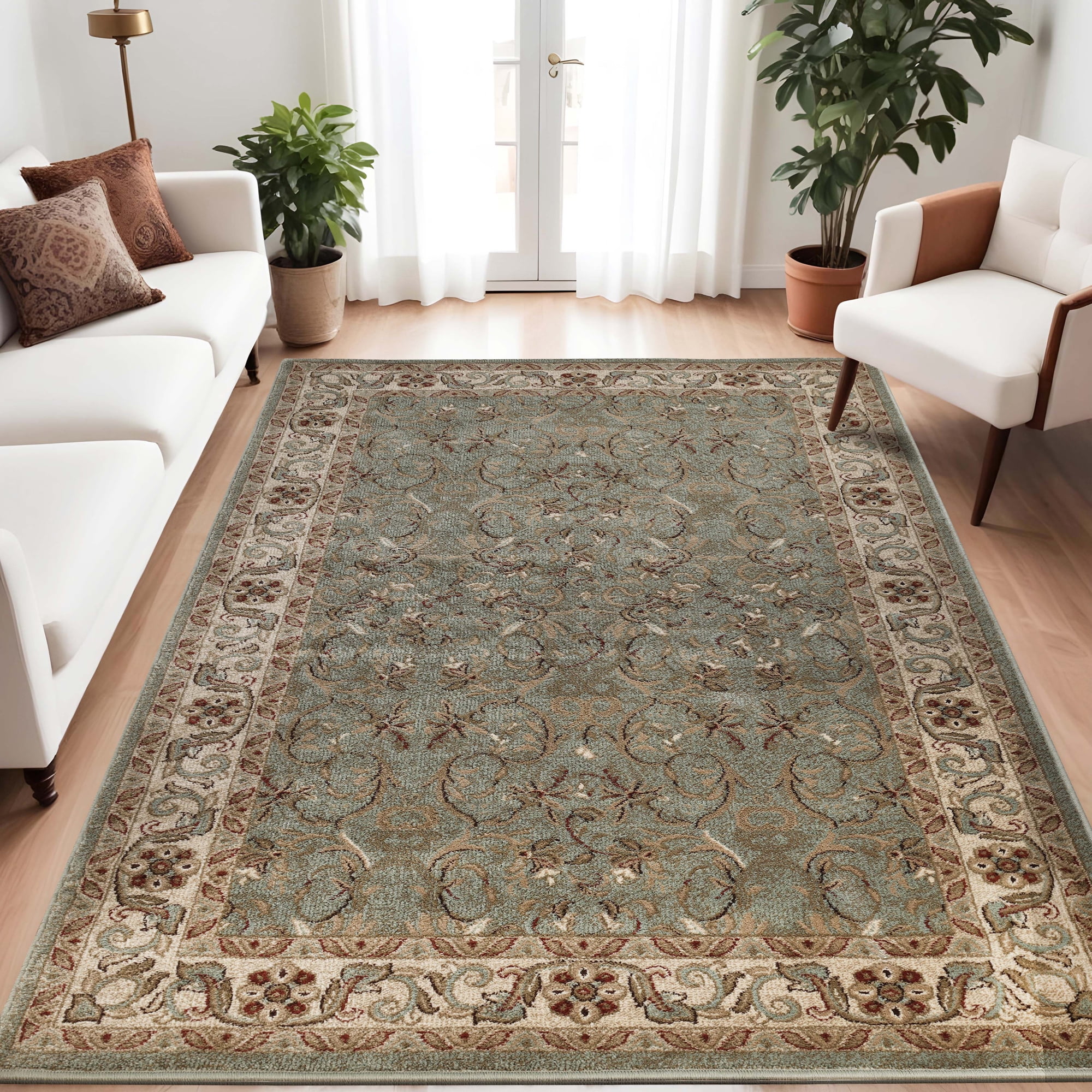 Green Floral Synthetic Traditional Area Rug