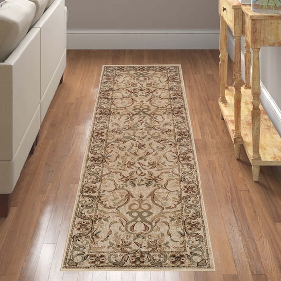 BNM Floral Scroll Vines Indoor Runner Rug, 2' 6" x 8', Ivory