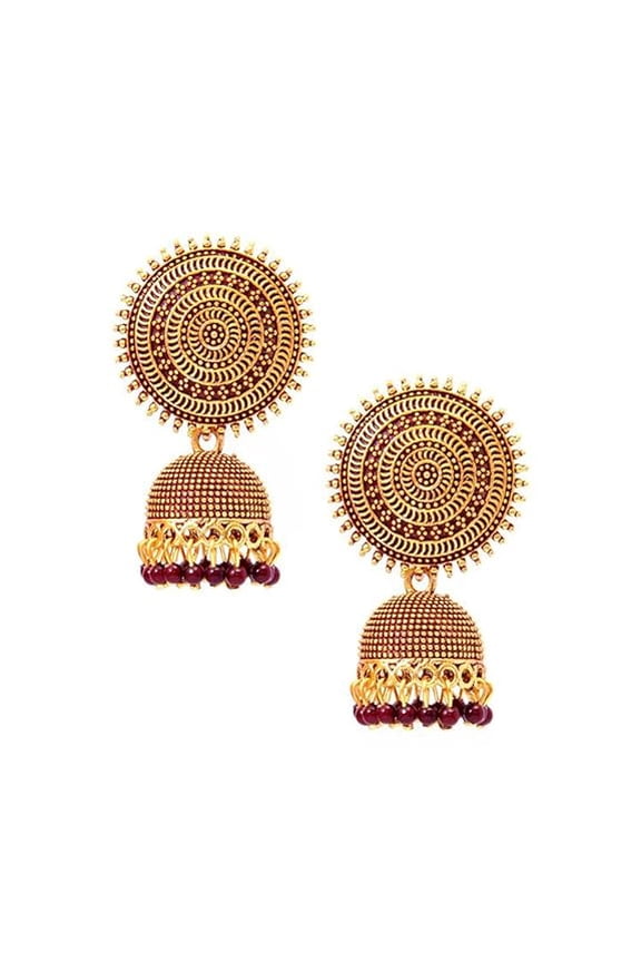 Traditional Gold Plated Maroon Beads Round Jhumka Earrings