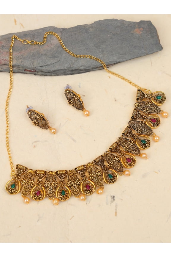 Traditional Gold-Plated Red & Green Kundan Work Jewellery Set