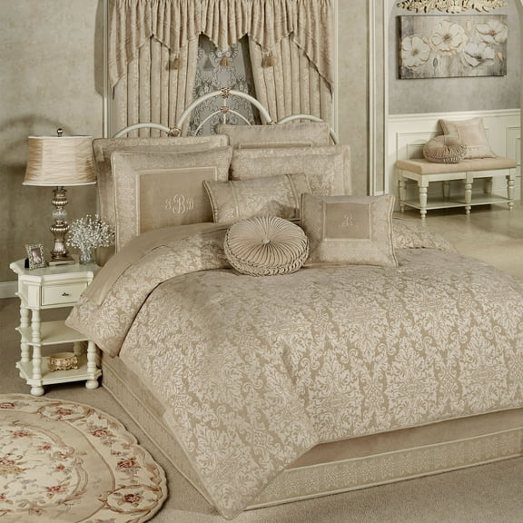 Traditional Grandview Jacquard Woven Damask Champagne Chenille Oversized Comforter Set Cal King