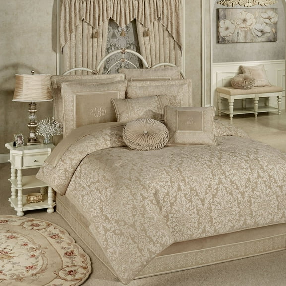 Traditional Grandview Jacquard Woven Damask Champagne Chenille Oversized Comforter Set Queen