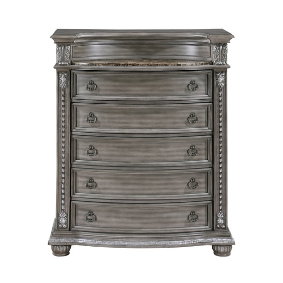 Traditional Gray Finish Storage Chest 5-Drawers Carved Design Marble Insert Luxury Silver Tipping Bedroom Furniture 1pc Tall Dresser