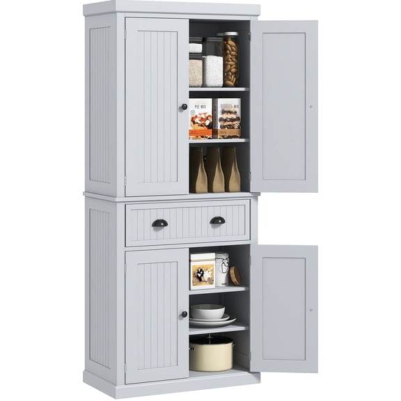 Traditional Gray Pantry with Deep Drawer and 4 Shelves / Add Farmhouse Charm to Kitchen