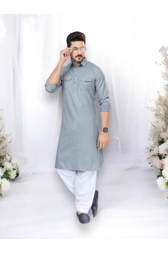 Traditional Gray Pathani Cotton Kurta Pajama Outfit&ndash; Cultural Wear for Mens