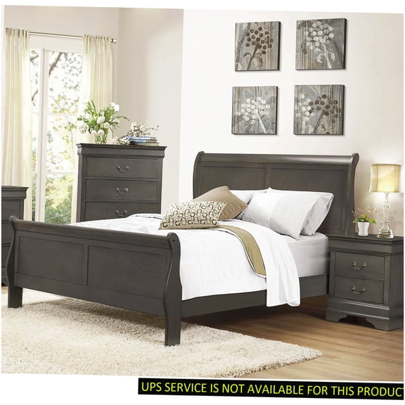 Traditional Gray Platform Bed, Queen Sleigh Bed Frame with Headboard, Strong Wood Support, No Box Spring
