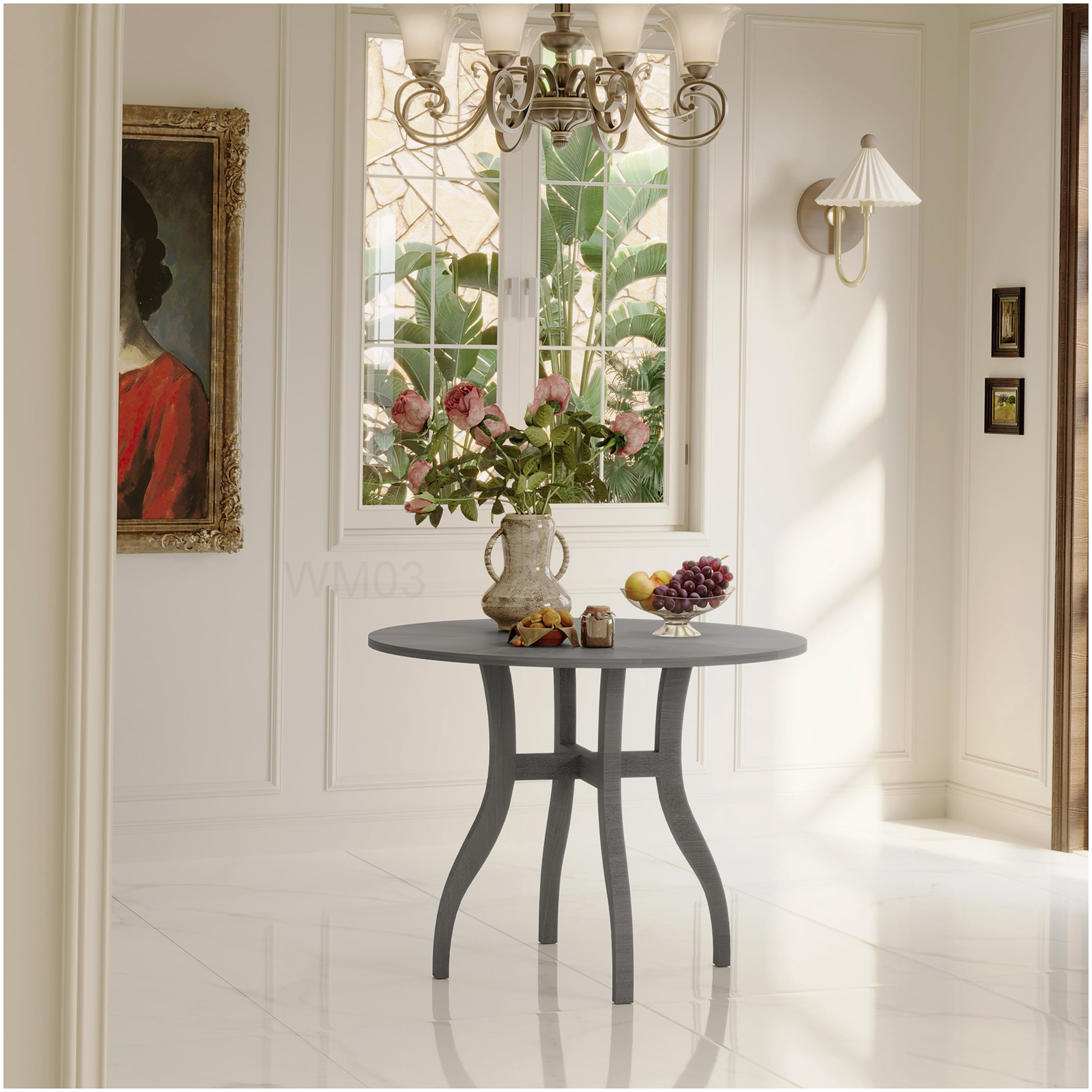 Traditional Gray Round Dining Table with Pedestal Base, Solid Wood Legs ...