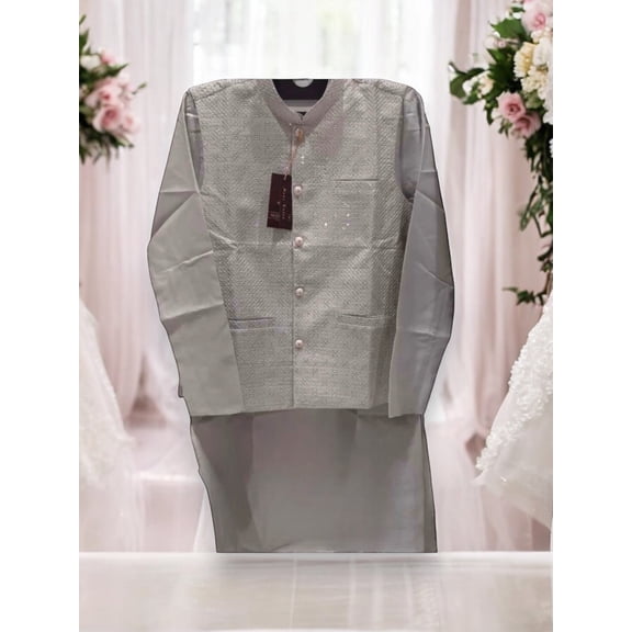 Traditional Gray Silk Kurta Set for Men with Pant and Coat, HT6423