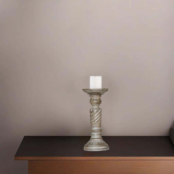 Gray Wash Mango Wood Set Of One 9" Pillar Candle Holder for use, Living Room, Dinning Room, Study Room, Spa, Restaurants, Place Of Worship, etc