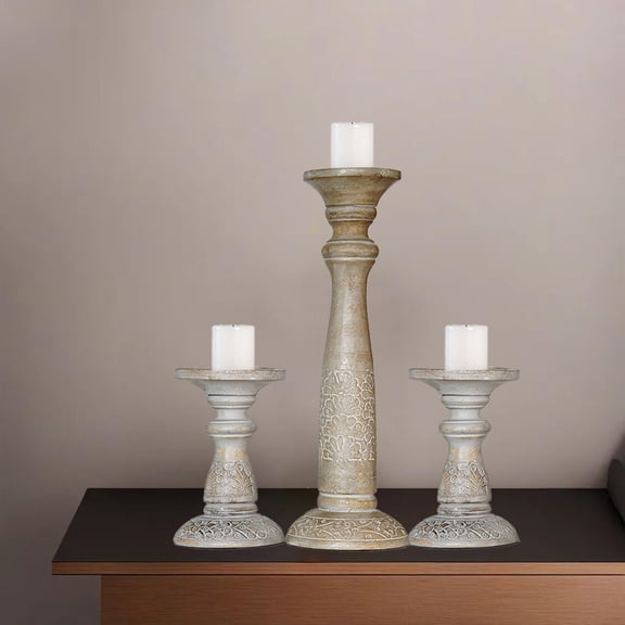 Traditional Gray Wash Mango Wood Set Of Three 6",15" & 6" Pillar Candle Holder for use, Living Room, Dinning Room, Study Room, Spa, Restaurants, Place Of Worship, etc