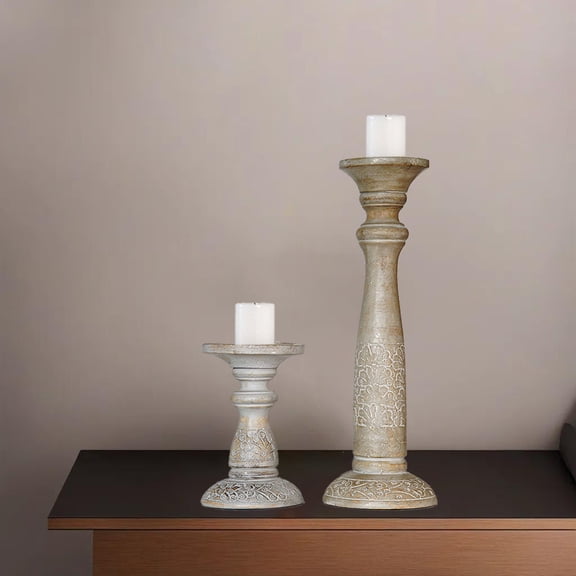 Traditional Gray Wash Mango Wood Set Of Two 6" & 15" Pillar Candle Holder for use, Living Room, Dinning Room, Study Room, Spa, Restaurants, Place Of Worship, etc