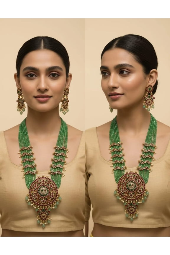 Traditional Green Beaded Kundan Long Necklace Set with Chandbali Earrings Hyderabadi Jadau Women Necklace Set Traditional Kundan Ruby Jewelry Indian Bridal Haram