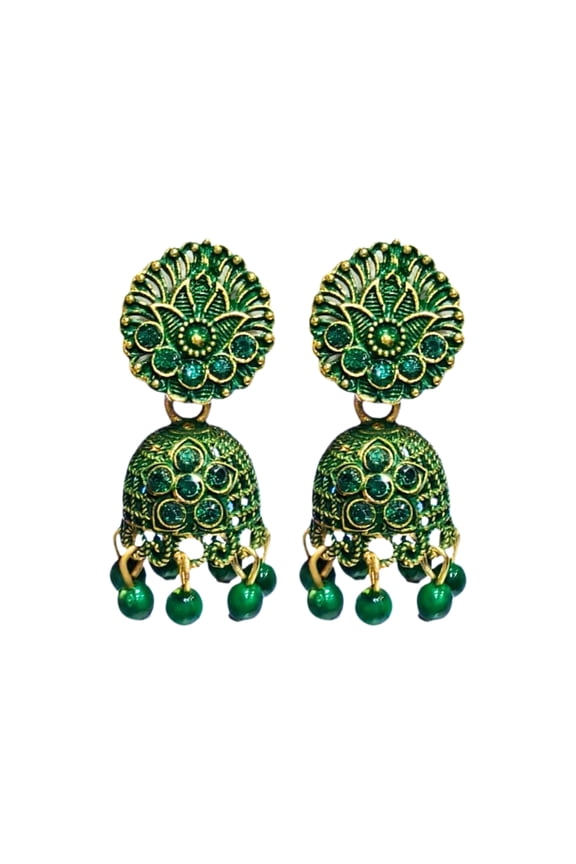 Traditional Green Floral Jhumka Dangle Earrings with Dome Design and Hanging Bead Drops
