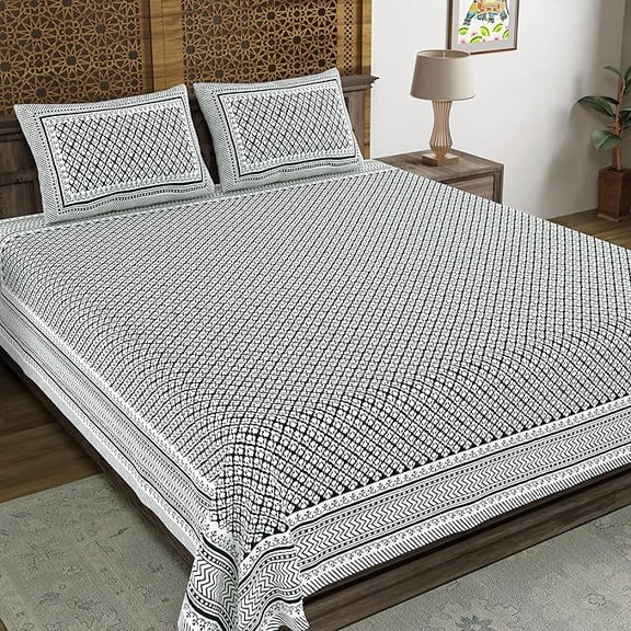 Traditional Hand Block Printed Cotton King Size Bedsheet With 2 Pillow Covers, 104 X 104 Inches, Dark Green | 200 Thread Count-Vibrant Bedding For Stylish Bedrooms