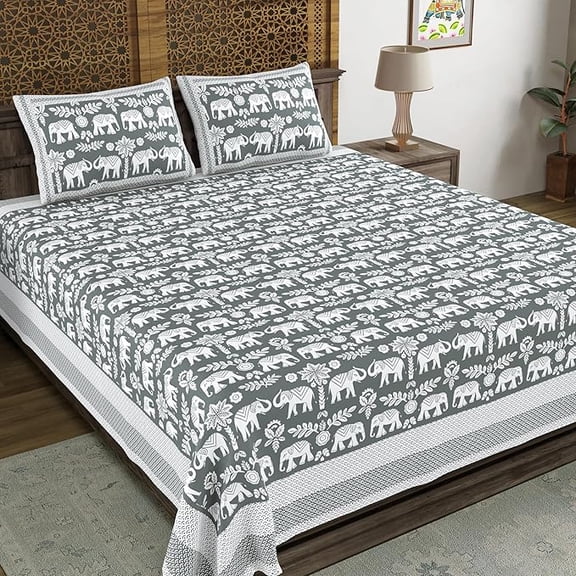 Traditional Hand Block Printed Cotton King Size Bedsheet With 2 Pillow Covers, 104 X 104 Inches, Grey | 200 Thread Count-Vibrant Bedding For Stylish Bedrooms