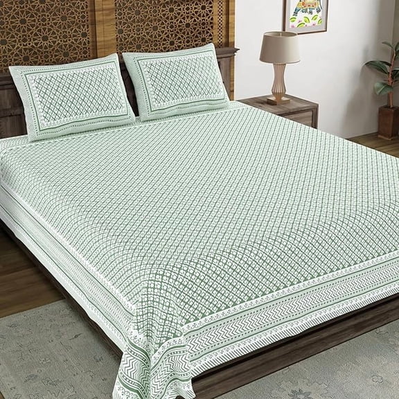 Traditional Hand Block Printed Cotton King Size Bedsheet With 2 Pillow Covers, 104 X 104 Inches, Light Green | 200 Thread Count-Vibrant Bedding For Stylish Bedrooms