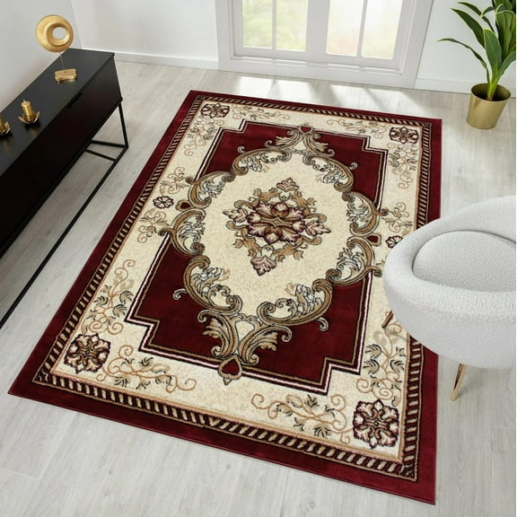 Traditional Hand-Carved Runner Rug 2x7 – Burguudy Floral Medallion Hallway Carpet, Non-Shedding Soft Rug for Entryway, Kitchen, or Hall – Classic Oriental Design