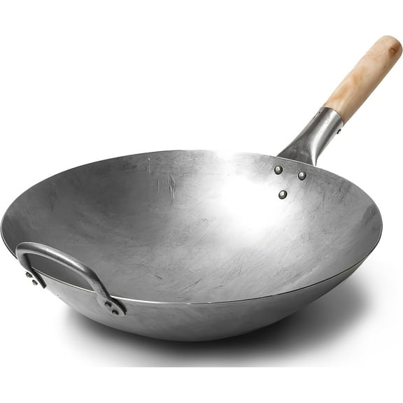 Traditional Hand Hammered Chinese Carbon Steel Wok with Wooden and Steel Helper Handle 14 Inch Round Bottom Pow Wok Pan 731W88