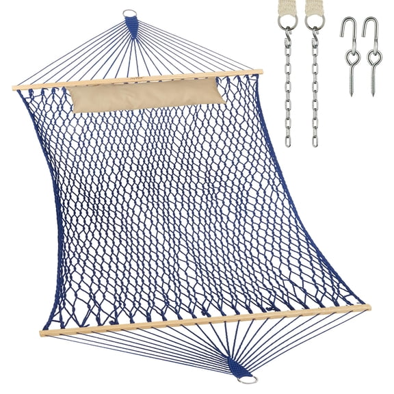 Traditional Hand-Woven Double Hammock with Hardwood Spreader Bar, Soft-Spun Cotton Rope Swing Bed with Detachable Pillow, Heavy-Duty 450 lbs Capacity for Indoor, Patio, Backyard & Garden Relaxation