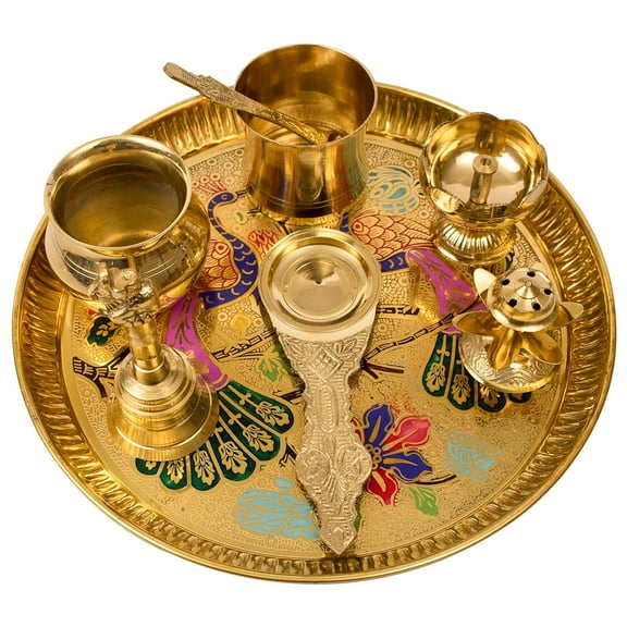 Traditional Handcrafted Brass Puja | Pooja Thali | Arati | Arathi | Arthi | Arti | Arathi | Bartan Thambulam Plate Set for Several Occasions Like  Diwali Gift- Peacock Ppset