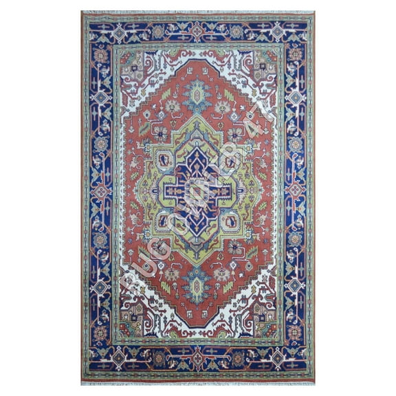 Traditional Handmade Serapi Rug 8X10 Hand-Knotted Serapi Wool Area Rug Rust, Blue, Ivory, Gold, Ivory, Lt Grey