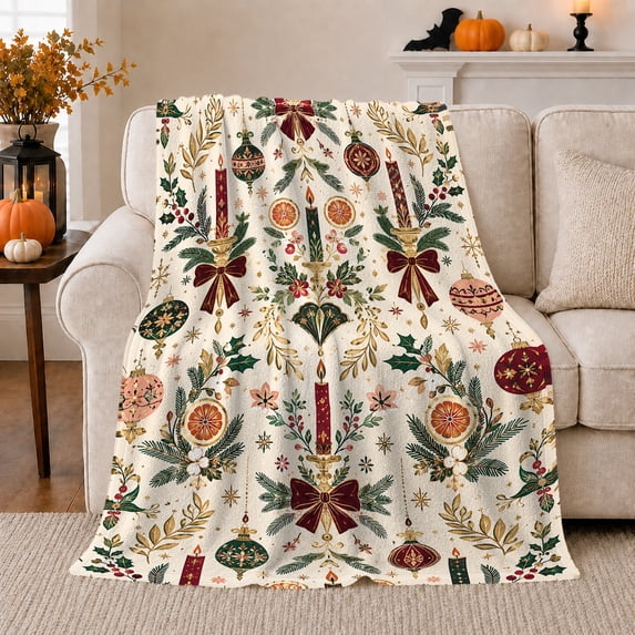 Traditional Holiday Illustration Candle Burgundy Bow Christmas Pattern, Festive Holiday Scene, Warm Flannel Blanket for Living Room and Reading Nook, Art Lovers Christmas Gift, Festive Home Decor