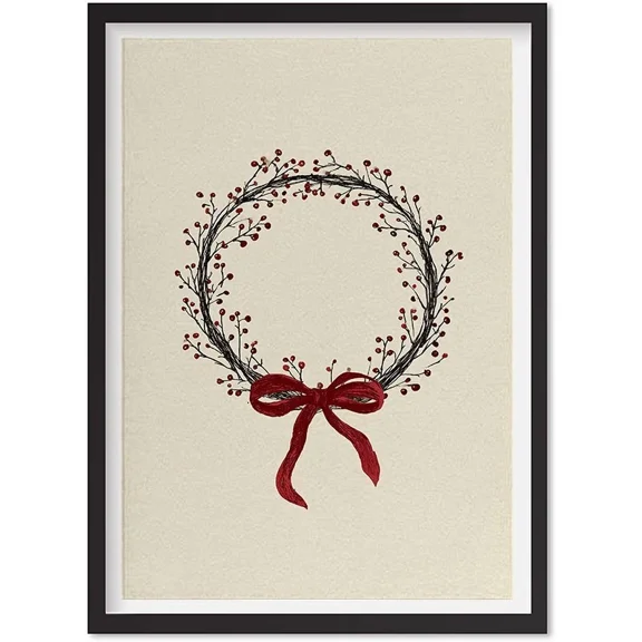 Traditional Holiday Wreath Poster- Vintage Coquette Christmas Art, Minimalist, Matte Canvas Stretched, Posters for Room Bedroom Living Room Bathroom Wall Decor, Posters & Art Prints, Gift.
