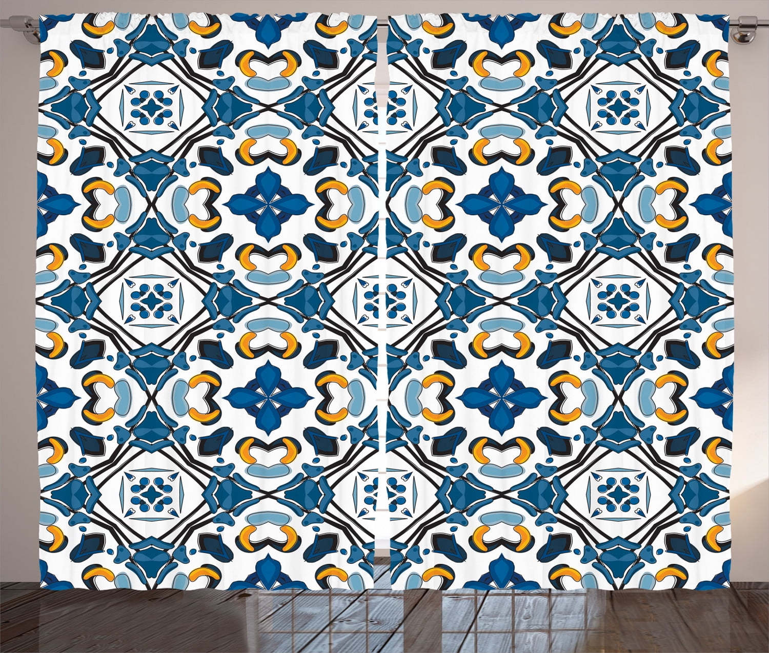 Blue and White Polyester Light-Filtering Rod Pocket Curtain Panels