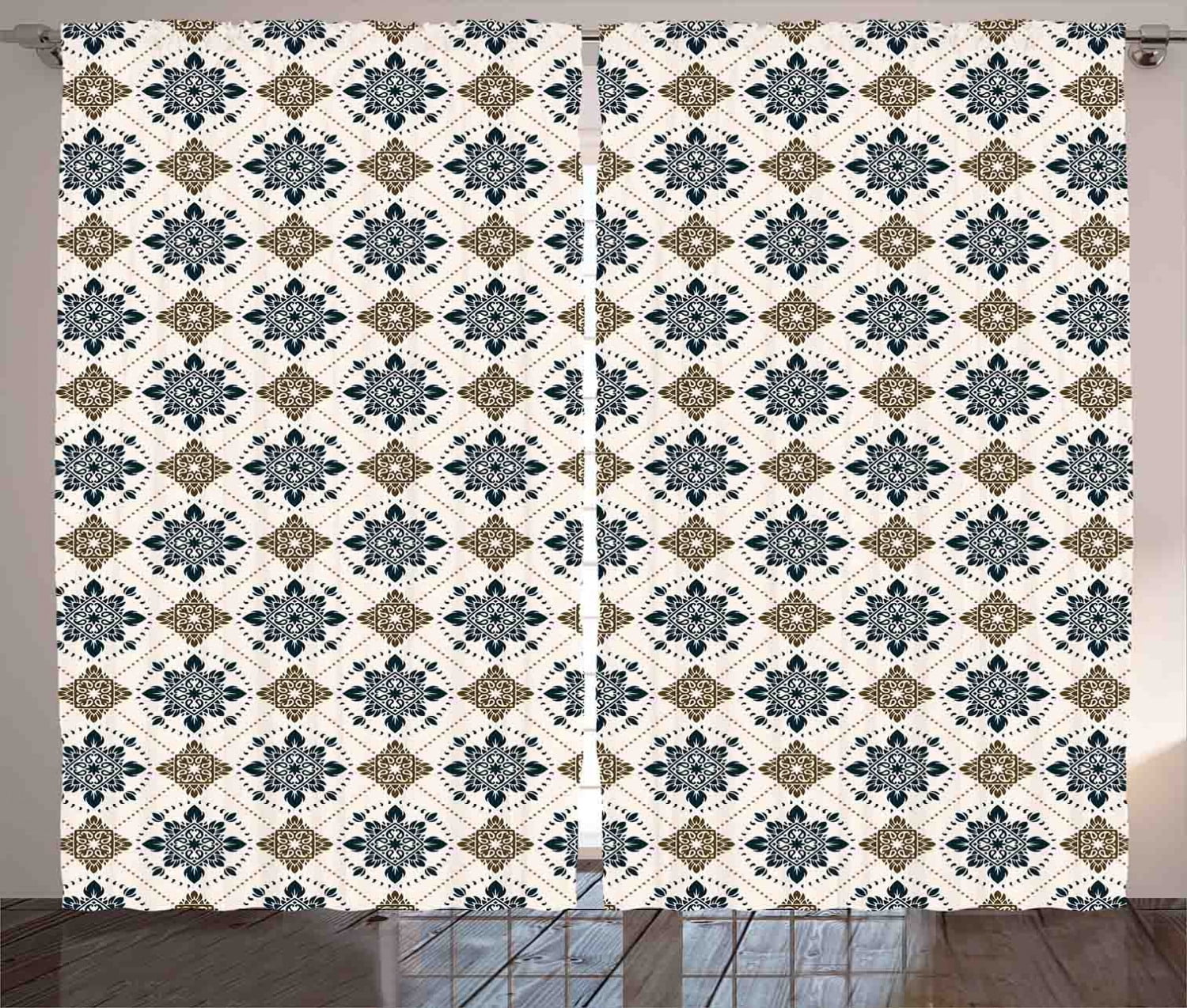Paisley Blue and Beige Polyester Light-Filtering Curtain Panels