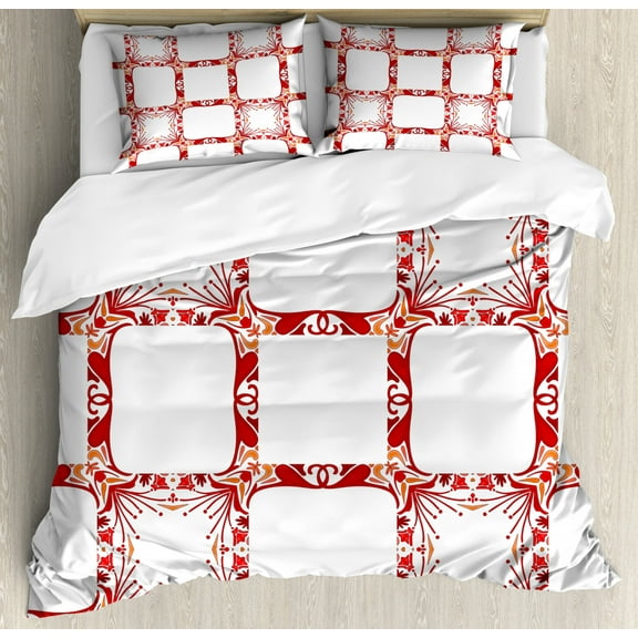 Traditional House Decor King Size Duvet Cover Set, Modern and Nostalgic Square Shaped Mixed Tiles Middle Age Effects Decor, Decorative 3 Piece Bedding Set with 2 Pillow Shams, Maroon, by Ambesonne