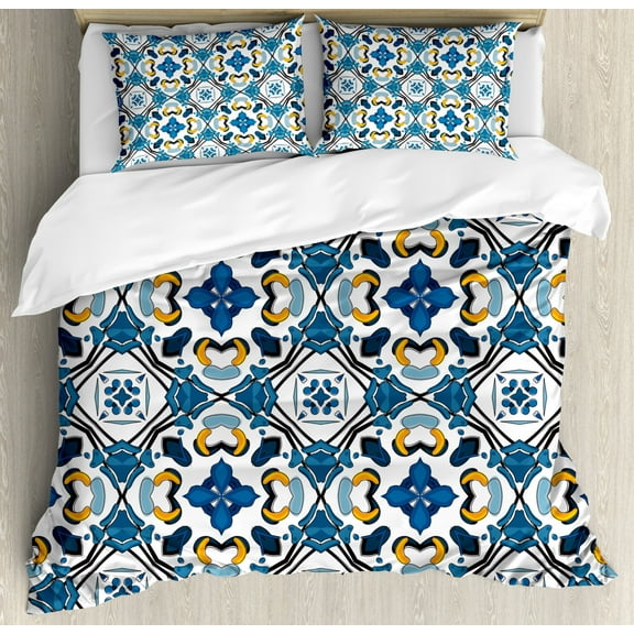 Traditional House Decor King Size Duvet Cover Set, Portuguese Ceramic Classic Tilework Church Artisan European Decor, Decorative 3 Piece Bedding Set with 2 Pillow Shams, Royal Blue, by Ambesonne