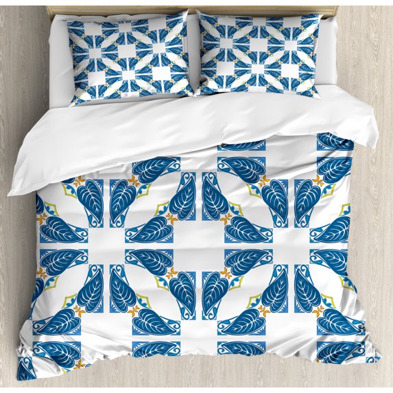 Traditional House Decor King Size Duvet Cover Set, Portuguese Pavement Azulejo Mosaic with Diagonal Square and Shapes, Decorative 3 Piece Bedding Set with 2 Pillow Shams, Blue White, by Ambesonne