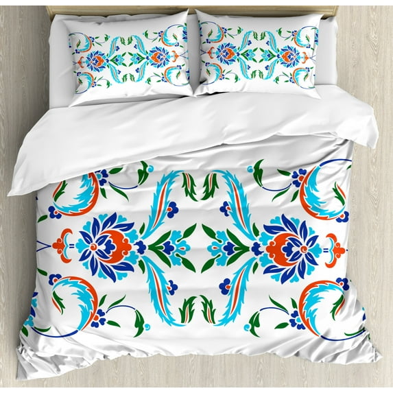 Traditional House Decor Queen Size Duvet Cover Set, Old Turkish Ceramic Mosque with Tulips Vintage Ottoman Heritage Image, Decorative 3 Piece Bedding Set with 2 Pillow Shams, Blue Red, by Ambesonne