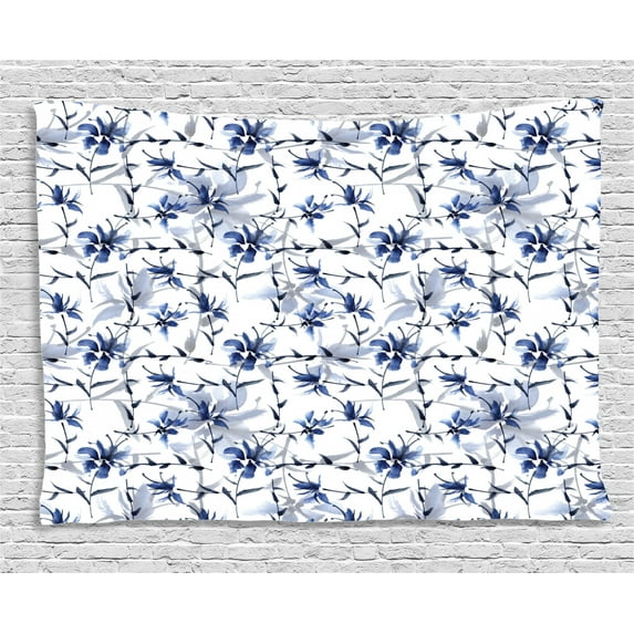 Traditional House Decor Tapestry, Asian Japanese Ink Paint with Flourishing Flower Patterns Oriental Decor, Wall Hanging for Bedroom Living Room Dorm Decor, 80W X 60L Inches, Blue, by Ambesonne