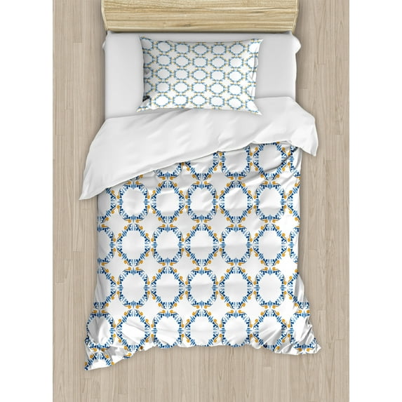 Traditional House Decor Twin Size Duvet Cover Set, Bound Medieval Tiles Pattern Renaissance for Interior and Exterior, Decorative 2 Piece Bedding Set with 1 Pillow Sham, Blue Orange, by Ambesonne