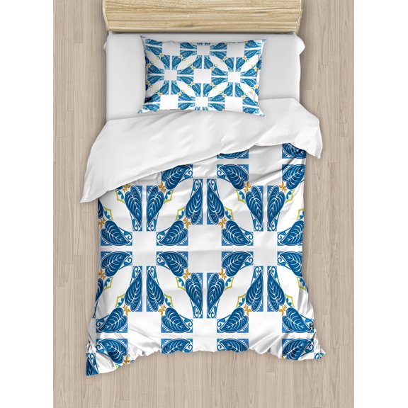 Traditional House Decor Twin Size Duvet Cover Set, Portuguese Pavement Azulejo Mosaic with Diagonal Square and Shapes, Decorative 2 Piece Bedding Set with 1 Pillow Sham, Blue White, by Ambesonne