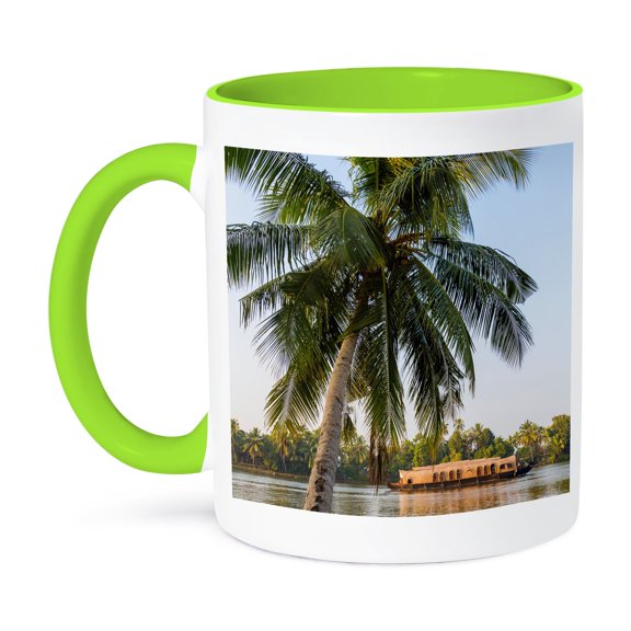 3drose, Traditional Houseboat, Kerala Backwaters, Alleppey, Kerala, 11oz Two-tone Green Mug