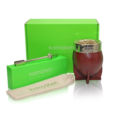 Traditional Imperial Calabash Yerba Mate Gourd with Alpaca Bombilla- Brown Leather