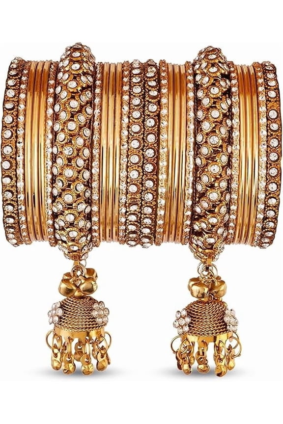 Traditional Indian Bangle Set for Women Gold Plated Ethnic Metal Bangles with Rhinestones Handmade Filigree Bridal Jewelry Wedding & Festival Designer Accessories
