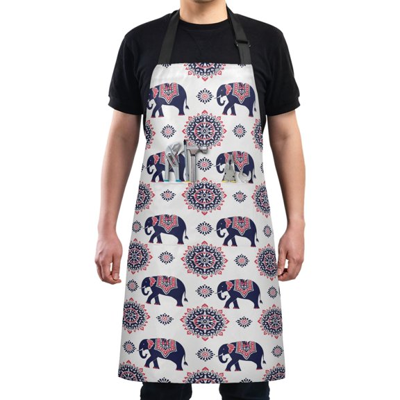 Traditional Indian Elephant Kitchen Apron with 2 Pockets Adjustable waterproof Cooking Aprons for Women Men Chef