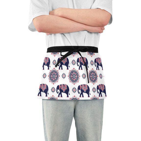 Traditional Indian Elephant Server Apron with 3 Pockets Waterproof Waitress Waist Short Apron for Man Woman 12 Inches