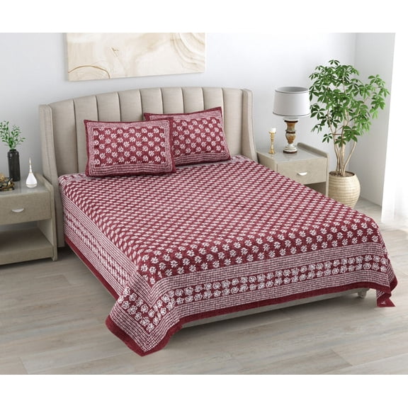 Traditional Indian Queen Bedspread Set Cotton Floral & Ethnic Print with Pillow Covers(ACSHCVL_1018_W)